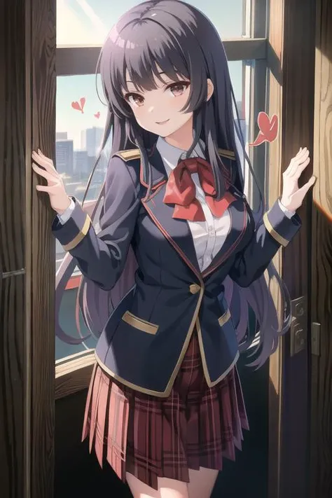 (masterpiece, best quality:1.2), <lora:girlfriendkari_kagurazaka-12:0.8>, solo, 1girl, kagurazaka saya, (long straight hair), school uniform, navy jacket, red bow, plaid skirt, (spoken hearts:1.1), indoor, smile, holding books, standing, looking towards camera, class room,