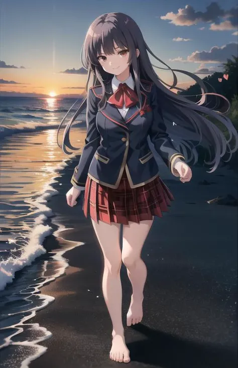 (masterpiece, best quality:1.2), <lora:girlfriendkari_kagurazaka-12:0.8>, solo, 1girl, kagurazaka saya, (long straight hair), school uniform, navy jacket, red bow, plaid skirt, (spoken hearts:1.1), smile, walking on sandy beach, (( looking towards camera)), beach, sunset, bare legs, bare feet,
