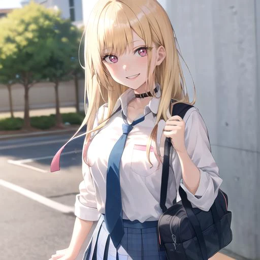 jk:1.5, kitagawa marin, looking at viewer,portrait, bangs, (masterpiece,best quality),smile,teeth,:v,  <lora:marin_4cosstyle:0.7>,school uniform, white shirt, blonde hair, blue skirt, blue necktie, gradient hair, pink eyes, gyaru, school bag, outdoors, portrait,