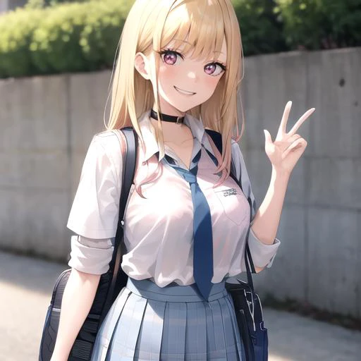 jk, kitagawa marin, looking at viewer,portrait, bangs, (masterpiece,best quality),smile,teeth,:v,  <lora:marin_4cosstyle:0.7>,school uniform, white shirt, blonde hair, blue skirt, blue necktie, gradient hair, pink eyes, gyaru, school bag, outdoors,