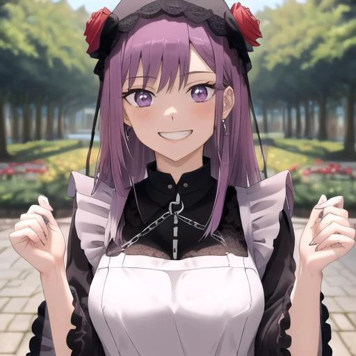 (masterpiece,best quality), szk:1.5,kitagawa marin, upper body, large breasts,purple hair,red rose,white apron,1girl, solo, chain,lace, outdoors, park,<lora:marin_4cosstyle:0.8>,shirt lift, grin,black headdress, wide sleeves, camera,