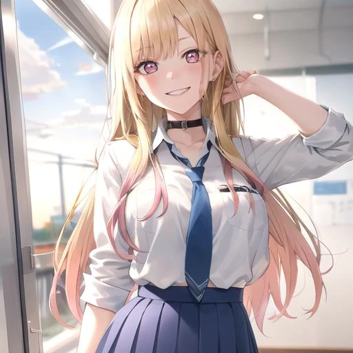 jk, kitagawa marin, looking at viewer,portrait, bangs, (masterpiece,best quality),smile,teeth,:v,  <lora:marin_4cosstyle:0.7>,school uniform, white shirt, blonde hair, blue skirt, blue necktie, gradient hair, pink eyes,