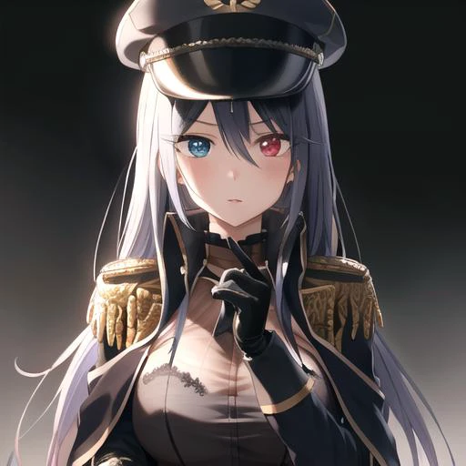 mu, 1girl, kitagawa marin, solo, looking at viewer,portrait, bangs, (masterpiece,best quality),  <lora:marin_4cosstyle:0.7>,long hair, black theme:0.5,see-through dress, heterochromia,red and blue eyes,military uniform,hat,large breasts,  highleg , black coat, black gloves,