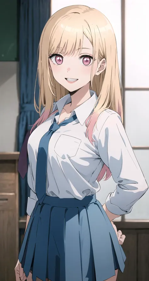 jk,kitagawa marin,looking at viewer,portrait,bangs,(masterpiece,best quality),smile,teeth,:v,school uniform,white shirt,blonde hair,blue skirt,blue necktie,gradient hair,pink eyes,<lora:test:0.7>,