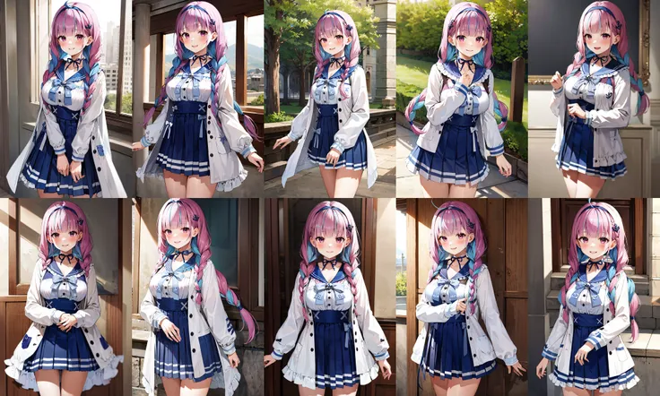 masterpiece, best quality, highres, bbaqua, white jacket, long sleeves, blue skirt, <lora:minato_aqua_v1:1>, cowboy shot, standing, smile, indroos