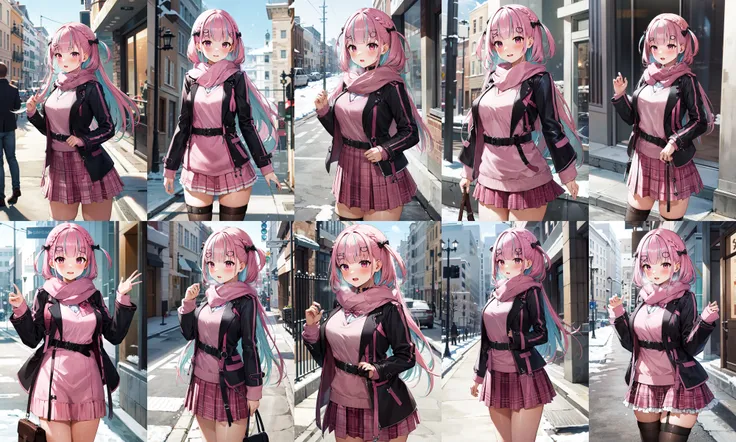 masterpiece, best quality, highres, kkaqua, pink sweater, belt, black jacket, pink scarf, <lora:minato_aqua_v1:1>, cowboy shot, standing, street, snow