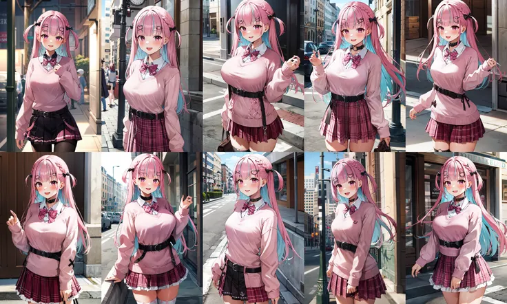 masterpiece, best quality, highres, kkaqua, pink sweater, belt, <lora:minato_aqua_v1:1>, cowboy shot, standing, street, smile,