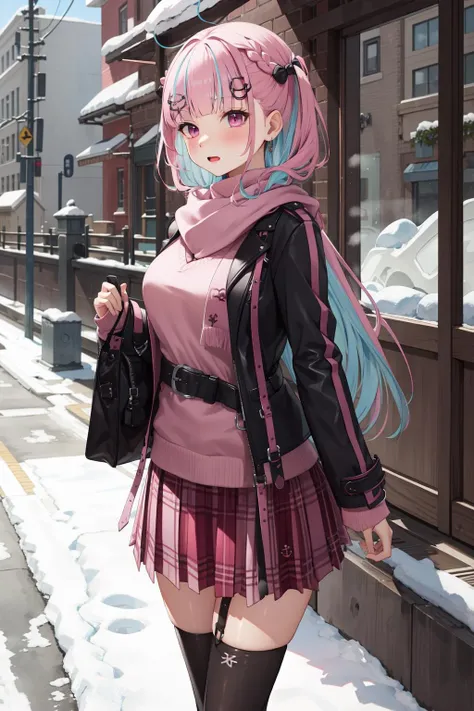 masterpiece, best quality, highres, kkaqua, pink sweater, belt, black jacket, pink scarf, <lora:minato_aqua_v1:1>, cowboy shot, standing, street, snow