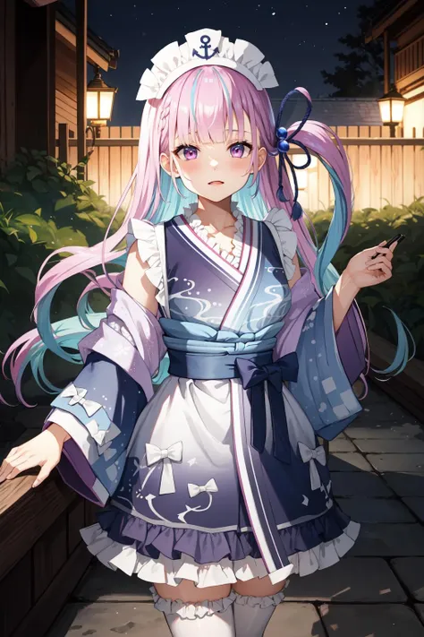 masterpiece, best quality, highres, eeaqua, maid headdress, one side up, long hair, <lora:minato_aqua_v1:1>, cowboy shot, standing, outdoors, night,