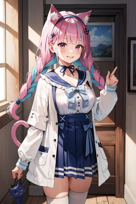 masterpiece, best quality, highres, bbaqua, animal ears, cat tail, white jacket, long sleeves, blue skirt, <lora:minato_aqua_v1:1>, cowboy shot, standing, smile, indoors
