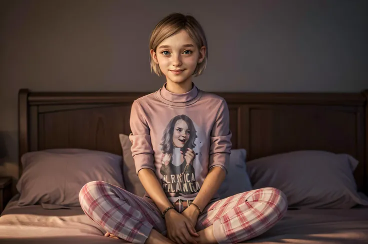 A stunning, intricate full body photo , young girl Sarah Miller, wearing pink turtleneck or t-shirt, pink pajama pants, sitting in her room, slightly smiling, epic character composition, alessio albi, nina masic, sharp focus, natural lighting, subsurface dispersion, f2, 35mm, <lora:sarah_miller:1.2>