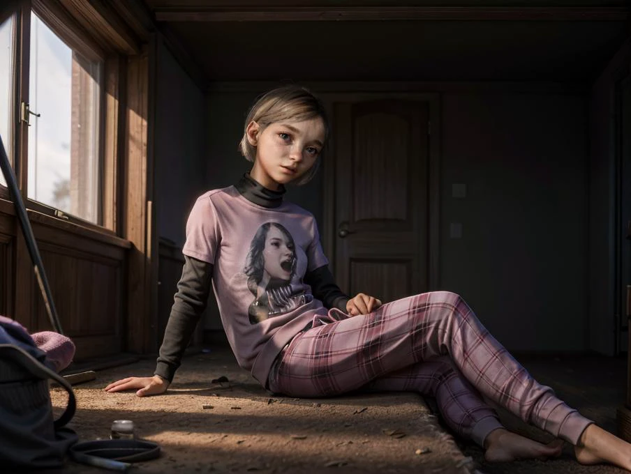 A stunning, intricate full body photo , young girl, wearing pink turtleneck or t-shirt, pink pajama pants, epic character composition, alessio albi, nina masic, sharp focus, natural lighting, subsurface dispersion, f2, 35mm, <lora:sarah_miller:1.2>
