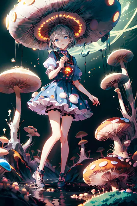 ((best quality)), ((highly detailed)), masterpiece, absurdres, detailed face, beautiful face, (detailed eyes, deep eyes), (1girl), (glasses), dutch_angle, full body, ((wide shot)), <lora:Mushroom:.6>, mushroom, mushroom girl, monster girl, short hair, blonde hair, mushroom on head, blue mushroom, colored skin, (spots pattern bodypaint:1.33), medium breasts, smiling, polka dot dress, puffy sleeves, long sleeves, collarbone, (outside, at a field of flowers, evening, night sky, stars, lunar eclipse), <lora:frosted-style-richy-v1:1>, frostedstyle