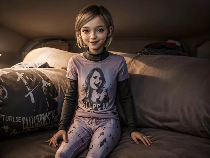 A stunning, intricate full body photo , young girl, wearing pink turtleneck or t-shirt, pink pajama pants, smiling, epic character composition, alessio albi, nina masic, sharp focus, natural lighting, subsurface dispersion, f2, 35mm, <lora:sarah_miller:1.2>