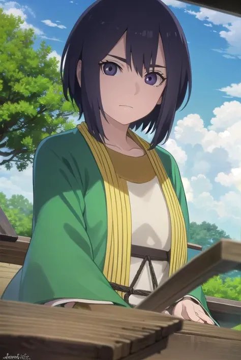 ladykiri, <lora:lady kiri-lora-nochekaiser:1>,
lady kiri, black hair, short hair, hair between eyes, (purple eyes:1.1),
BREAK long sleeves, robe, green robe, obi, dress, white dress,
BREAK outdoors, nature, forest, grass, sky, sun, clouds,
BREAK looking at viewer,
BREAK <lyco:GoodHands-beta2:1>, (masterpiece:1.2), best quality, high resolution, unity 8k wallpaper, (illustration:0.8), (beautiful detailed eyes:1.6), extremely detailed face, perfect lighting, extremely detailed CG, (perfect hands, perfect anatomy),