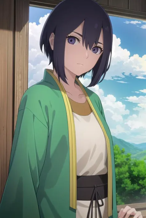 ladykiri, <lora:lady kiri-lora-nochekaiser:1>,
lady kiri, black hair, short hair, hair between eyes, (purple eyes:1.1),
BREAK long sleeves, robe, green robe, obi, dress, white dress,
BREAK outdoors, nature, forest, grass, sky, sun, clouds,
BREAK looking at viewer,
BREAK <lyco:GoodHands-beta2:1>, (masterpiece:1.2), best quality, high resolution, unity 8k wallpaper, (illustration:0.8), (beautiful detailed eyes:1.6), extremely detailed face, perfect lighting, extremely detailed CG, (perfect hands, perfect anatomy),