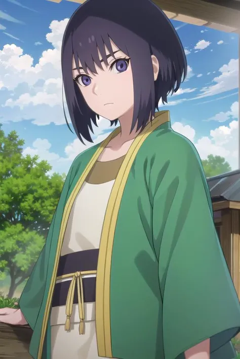 ladykiri, <lora:lady kiri-lora-nochekaiser:1>,
lady kiri, black hair, short hair, hair between eyes, (purple eyes:1.1),
BREAK long sleeves, robe, green robe, obi, dress, white dress,
BREAK outdoors, nature, forest, grass, sky, sun, clouds,
BREAK looking at viewer,
BREAK <lyco:GoodHands-beta2:1>, (masterpiece:1.2), best quality, high resolution, unity 8k wallpaper, (illustration:0.8), (beautiful detailed eyes:1.6), extremely detailed face, perfect lighting, extremely detailed CG, (perfect hands, perfect anatomy),