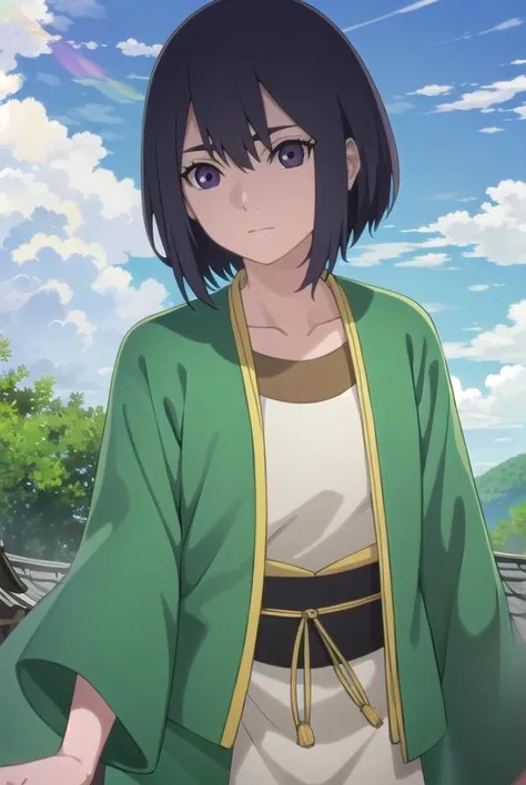 ladykiri, <lora:lady kiri-lora-nochekaiser:1>,
lady kiri, black hair, short hair, hair between eyes, (purple eyes:1.1),
BREAK long sleeves, robe, green robe, obi, dress, white dress,
BREAK outdoors, nature, forest, grass, sky, sun, clouds,
BREAK looking at viewer,
BREAK <lyco:GoodHands-beta2:1>, (masterpiece:1.2), best quality, high resolution, unity 8k wallpaper, (illustration:0.8), (beautiful detailed eyes:1.6), extremely detailed face, perfect lighting, extremely detailed CG, (perfect hands, perfect anatomy),