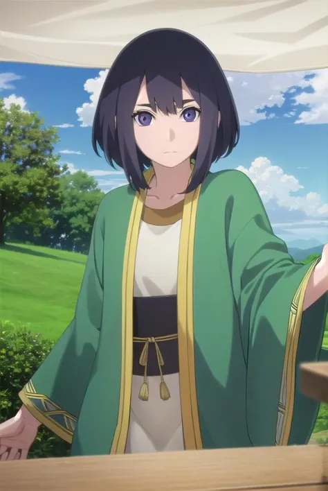 ladykiri, <lora:lady kiri-lora-nochekaiser:1>,
lady kiri, black hair, short hair, hair between eyes, (purple eyes:1.1),
BREAK long sleeves, robe, green robe, obi, dress, white dress,
BREAK outdoors, nature, forest, grass, sky, sun, clouds,
BREAK looking at viewer,
BREAK <lyco:GoodHands-beta2:1>, (masterpiece:1.2), best quality, high resolution, unity 8k wallpaper, (illustration:0.8), (beautiful detailed eyes:1.6), extremely detailed face, perfect lighting, extremely detailed CG, (perfect hands, perfect anatomy),