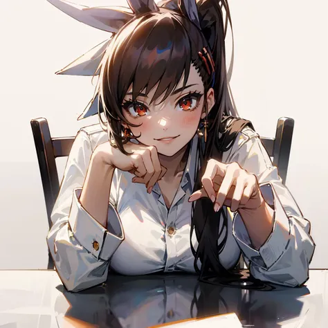 1girl, animal_ears, atago_\(azur_lane\), bangs, black_hair, blush, breast_rest, breasts, chair, desk, dress_shirt, earrings, extra_ears, gradient, gradient_background, hair_ribbon, head_rest, jewelry, long_hair, looking_at_viewer, red_eyes, ribbon, shirt, sitting, smile, solo, white_shirt