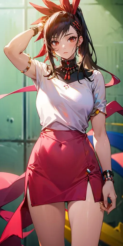 ha yuri zahard, 1girl, (( arabian clothes:1.5)), ponytail, hair ribbon, expressionless,