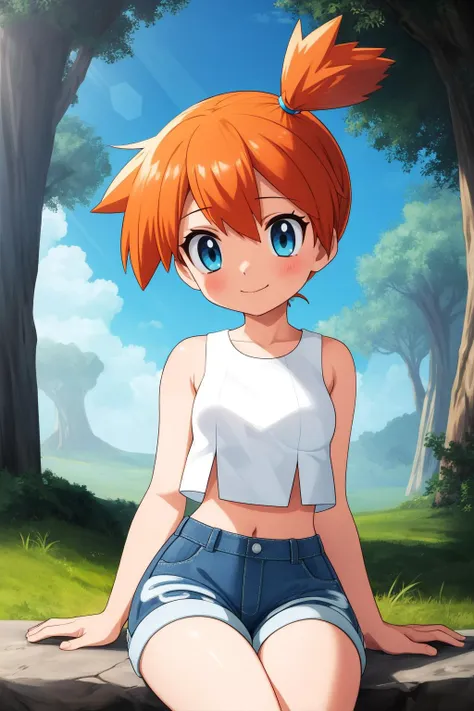 pkmnmisty, 1girl, solo, blue eyes, orange hair, short hair, side ponytail, bangs,
white shirt, crop top, sleeveless, bare arms, midriff, short shorts, blue shorts, denim shorts,
smile,closed mouth,cowboy shot,sitting,
forest,outdoor,
(insanely detailed, beautiful detailed face, masterpiece, best quality) cinematic lighting,<lora:PKMN_Misty_Gen7_v2:1>, <lora:more_details:0.3>,