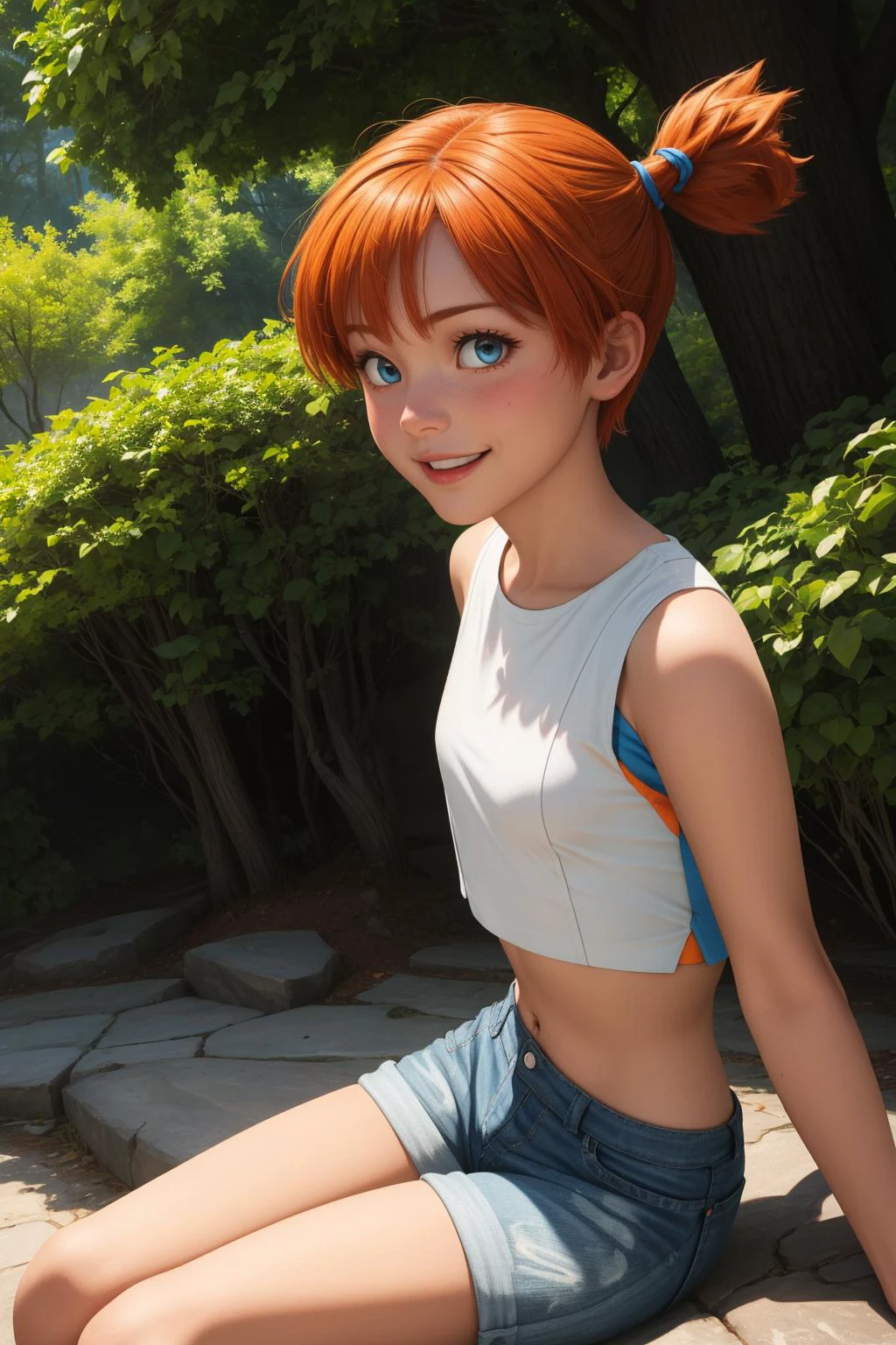pkmnmisty, 1girl, solo, blue eyes, orange hair, short hair, side ponytail, bangs, hair tie,
white shirt, crop top, sleeveless, short shorts,
smile,closed mouth,cowboy shot,sitting,
forest,outdoor,
(insanely detailed, beautiful detailed face, masterpiece, best quality) cinematic lighting,<lora:PKMN_Misty_Gen7_v1:1>, <lora:more_details:0.3>,