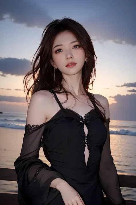 1girl, high quality, masterpiece, standing, looking at viewer, mole, black dress, see-through, lace trim ,upper body,ocean, small breasts, mole, parted lips, night, crescent, dim light, <lora:llsu_v2:0.7>