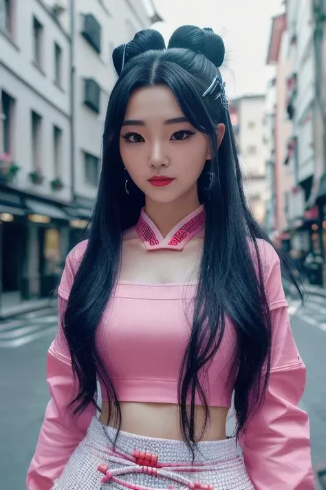 photo of Ting2ASMR, (front to camera), detailed european face, (aspiring facial expression), (((samuraipunk style clothes))), ((samuraipunk city on the background)), RAW, analog style, ultra detailed photograph, cinematic lighting, artstation, 4k, sharp focus, high resolution, detailed skin, detailed eyes<lora:Ting2ASMR:1.0>