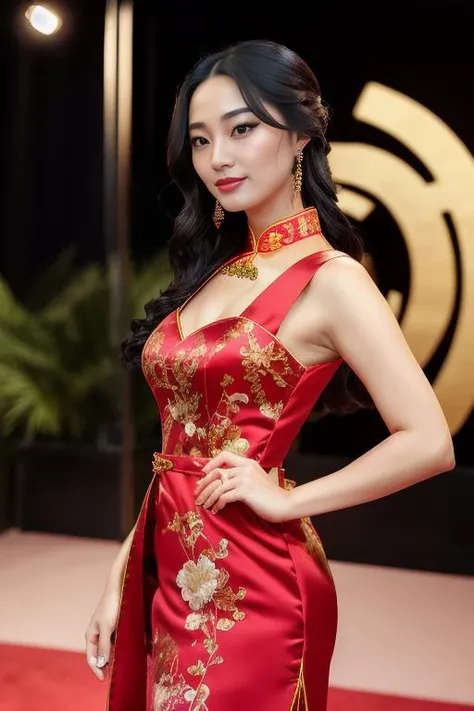 photo of Ting2ASMR, a woman as a star, modelshoot style, (extremely detailed CG unity 8k wallpaper), Intricate, High Detail, Sharp focus, dramatic,photorealistic painting art by midjourney and greg rutkowski , (waist chain), ((movieiere gala)), ((standing on the red carpet)), ((paparazzi in the background)), (looking at viewer), (detailed pupils:1.2), (elegant chinese dress:1.3) <lora:Ting2ASMR:1.0>