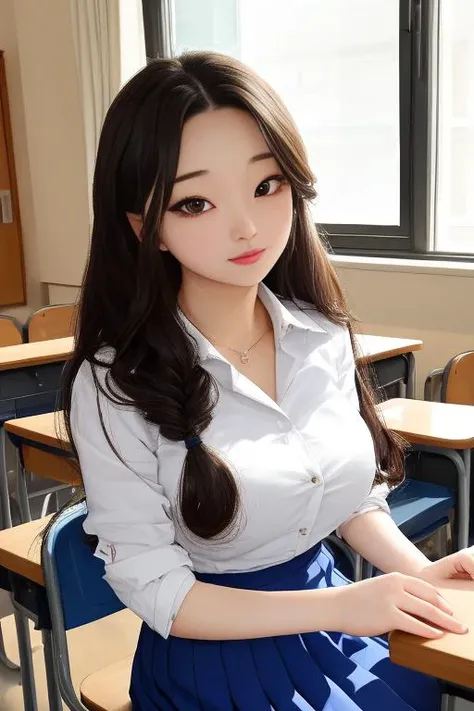 photo of Ting2ASMR iom girl, 1girl, jenna, Masterpiece, best_quality, high_resolution, distinct_image, high_contrast, 8K, kawaii anime girl, 1girl, large_breasts, 18 years old, beautiful detailed skin, detailed face, (school uniform:1.1), Braid, (delicated skirt:1.05), shy, indoors, room, hand on breasts, indoors, class room, <lora:jenna:0.8><lora:Ting2ASMR:1.0>