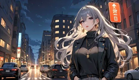 masterpiece,best quality,1girl,solo,large breasts,jewelry, long hair, earrings, outdoors, solo, necklace, night, hair between eyes, building, road, street, turtleneck, jacket, hands in pockets, sky, lamppost, city, parted lips, bangs, sweater, traffic light, car, motor vehicle, turtleneck sweater, ground vehicle, bracelet, black sweater, grey hair, sign, looking at viewer, road sign, bag, black jacket, lips, reflection,