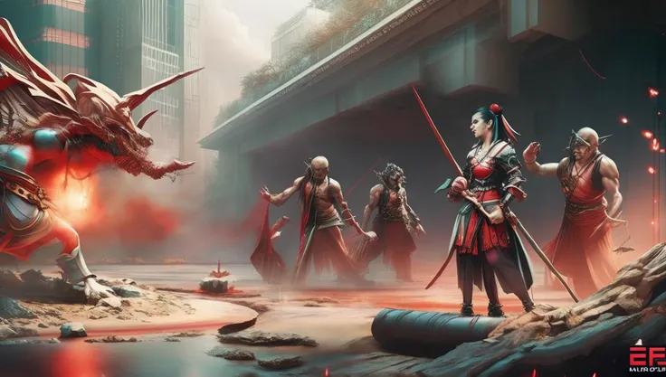 wide-shot photo, Fighting pose woman realistic Samurai character design, awesome concept art, epic camera shot, Mamoru Nagano, Yoshitaka Amano, Craig Mullins, Ian McQue, Tomino Sama art style, japanese kanji, skulls, Epic Ornate kusarigama, ornate kimono armor, floating red river, splashes in red color, creepy demons and yokai background abcdef12345 Fighting Pose style by (HeavenlyLord:1) (MicroFusion:1) (Airlock:1)