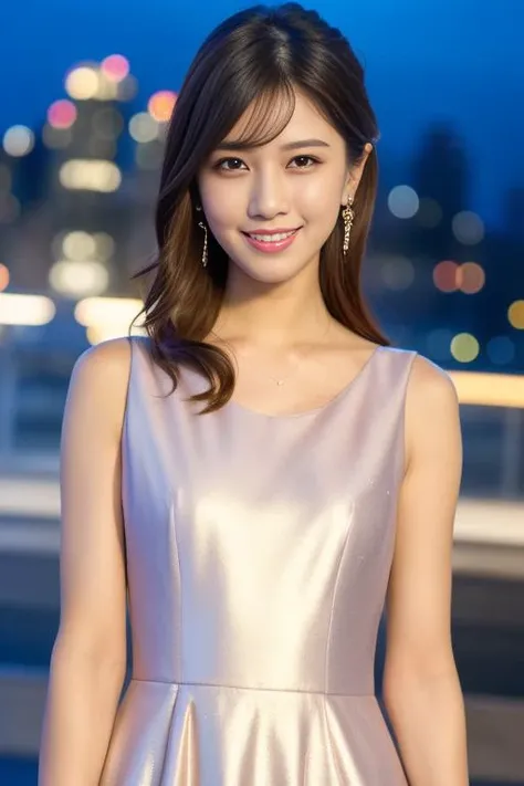 1girl,(wearing a sleeveless glittery evening dress),(RAW photo, best quality), (realistic, photo-realistic:1.4), masterpiece, an extremely delicate and beautiful, extremely detailed, 2k wallpaper, Amazing, finely detail, extremely detailed CG unity 8k wallpaper, ultra-detailed, highres, soft light, beautiful detailed girl, extremely detailed eyes and face, beautiful detailed nose, beautiful detailed eyes,cinematic lighting,city lights at night,perfect anatomy,slender body,smiling <lora:tsutsumireimi_lora:0.8>