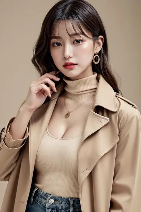 RAW, 8K UHD, Masterpiece, Best quality, Photorealistic, Ultra high res, High definition, High quality texture, extremely detailed cg, intricate details, clearly worked out detail, natural and realistic color, 1 Girl, bangs, facial flushing, cleavage, Slender hands, detailed skin, (full body shot):1.4, (wearing Beige trench coat over a white turtleneck and high-waisted jeans , necklace, earrings, bracelet):1.4
<lora:add_detail:0.8>
(pureerosface_v1:0.4)
<lora:koreandolllikenessV20_v20:0.2>
<lora:JapaneseDollLikeness_v15:0.2>
<lyco:Brav6fix_locon_v1:0.9>