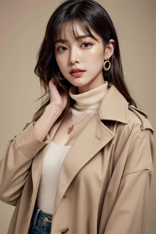 RAW, 8K UHD, Masterpiece, Best quality, Photorealistic, Ultra high res, High definition, High quality texture, extremely detailed cg, intricate details, clearly worked out detail, natural and realistic color, 1 Girl, bangs, facial flushing, cleavage, Slender hands, detailed skin, (full body shot):1.4, (wearing Beige trench coat over a white turtleneck and high-waisted jeans , necklace, earrings, bracelet):1.4
<lora:add_detail:0.8>
(pureerosface_v1:0.4)
<lora:koreandolllikenessV20_v20:0.2>
<lora:JapaneseDollLikeness_v15:0.2>
<lora:Brav6fix_v1:1>