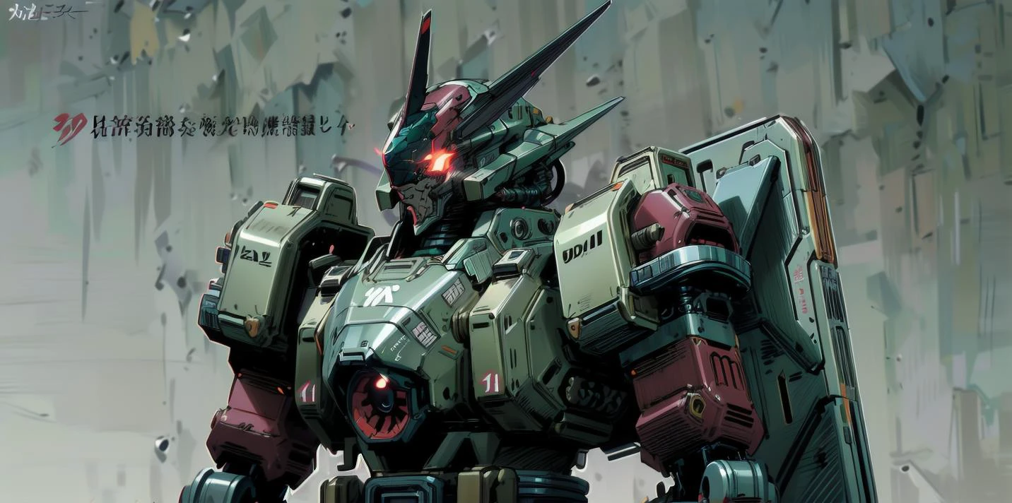 ((masterpiece)), heavy mech with massive and strong design, red glowing eye, highly detailed, heroic parts, military parts, dynamic pose, highly detailed, full armor, v-fin, <lora:add_detail:0.5>, weathered, dark green, <lora:animemix_v3_offset:1.0>, simple background, <lora:kilprt(0.3)_without_noise:1.0> <lora:MenacingJojo:1.0>, MenacingJojo, text,