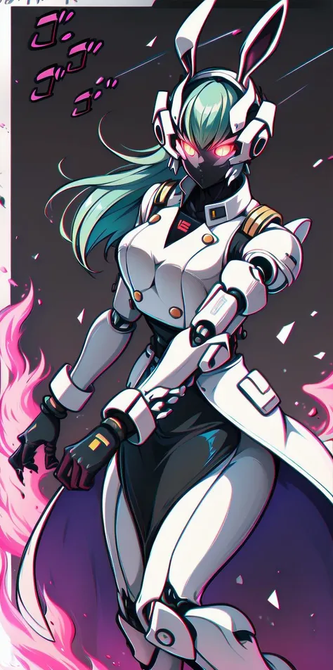 solo, 1girl, (white long fluffy bunny ears.1.5), green hair, <lyco:GoodHands-beta2:1.0>, <lyco:image_compositionLoCon:1.0>,black military uniform, jacket, jet black skirt, red tie, oversized mechanical gauntlets, claws on fingers, (red glowing eyes:1.5), violence, <lyco:Robotaction:0.2>, debris, motion lines, speed lines, <lora:urbantechwear:0.35>, techwear, outfit, mechanical limbs, exciting camera angle, MenacingJojo, text, <lora:MenacingJojo:1>, red eyes, full armor, power armor, mecha, gundam, (PALE SKIN:1.25), <lora:add_detail:0.35>, nice hands, perfect hands, military jacket, overcoat,