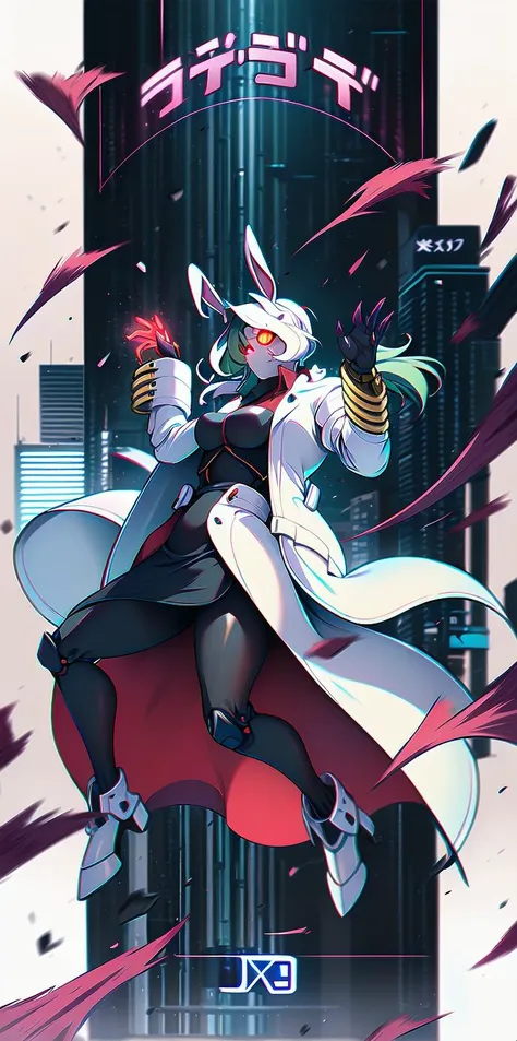 solo, 1girl, (white long fluffy bunny ears.1.5), green hair, <lyco:GoodHands-beta2:1.0>, <lyco:image_compositionLoCon:1.0>,black military uniform, jacket, jet black skirt, red tie, oversized mechanical gauntlets, claws on fingers, (red glowing eyes:1.5), violence, <lyco:Robotaction:0.2>, debris, motion lines, speed lines, <lora:urbantechwear:0.35>, techwear, outfit, mechanical limbs, exciting camera angle, MenacingJojo, text, <lora:MenacingJojo:1>, red eyes, full armor, power armor, mecha, gundam, (PALE SKIN:1.25), <lora:add_detail:0.35>, nice hands, perfect hands, military jacket, overcoat