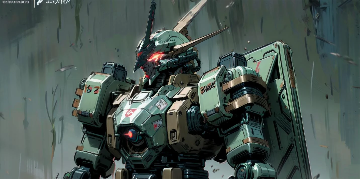 ((masterpiece)), heavy mech with massive and strong design, red glowing eye, highly detailed, heroic parts, military parts, dynamic pose, highly detailed, full armor, v-fin, <lora:add_detail:0.5>, weathered, dark green, <lora:animemix_v3_offset:1.0>, simple background, <lora:kilprt(0.3)_without_noise:1.0> <lora:MenacingJojo:1.0>, MenacingJojo, text,