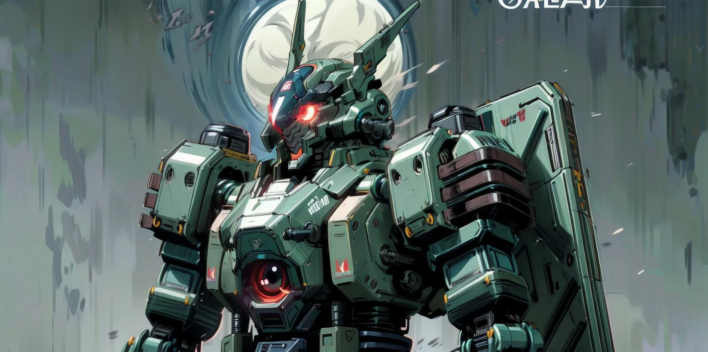 ((masterpiece)), heavy mech with massive and strong design, red glowing eye, highly detailed, heroic parts, military parts, dynamic pose, highly detailed, full armor, v-fin, <lora:add_detail:0.5>, weathered, dark green, <lora:animemix_v3_offset:1.0>, simple background, <lora:kilprt(0.3)_without_noise:1.0> <lora:MenacingJojo:1.0>, MenacingJojo, text,