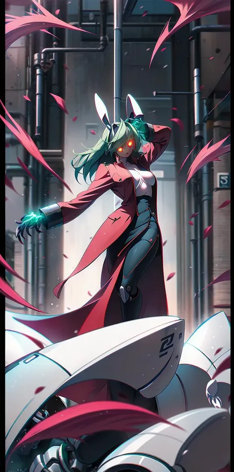 solo, 1girl, (white long fluffy bunny ears.1.5), green hair, <lyco:GoodHands-beta2:1.0>, <lyco:image_compositionLoCon:1.0>,black military uniform, jacket, jet black skirt, red tie, oversized mechanical gauntlets, claws on fingers, (red glowing eyes:1.5), violence, <lyco:Robotaction:0.2>, debris, motion lines, speed lines, <lora:urbantechwear:0.35>, techwear, outfit, mechanical limbs, exciting camera angle, MenacingJojo, text, <lora:MenacingJojo:1>, red eyes, full armor, power armor, mecha, gundam, (PALE SKIN:1.25), <lora:add_detail:0.35>, nice hands, perfect hands, military jacket, overcoat