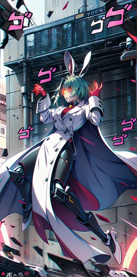 solo, 1girl, (white long fluffy bunny ears.1.5), green hair, <lyco:GoodHands-beta2:1.0>, <lyco:image_compositionLoCon:1.0>,black military uniform, jacket, jet black skirt, red tie, oversized mechanical gauntlets, claws on fingers, (red glowing eyes:1.5), violence, <lyco:Robotaction:0.2>, debris, motion lines, speed lines, <lora:urbantechwear:0.35>, techwear, outfit, mechanical limbs, exciting camera angle, MenacingJojo, text, <lora:MenacingJojo:1>, red eyes, full armor, power armor, mecha, gundam, (PALE SKIN:1.25), <lora:add_detail:0.35>, nice hands, perfect hands, military jacket, overcoat