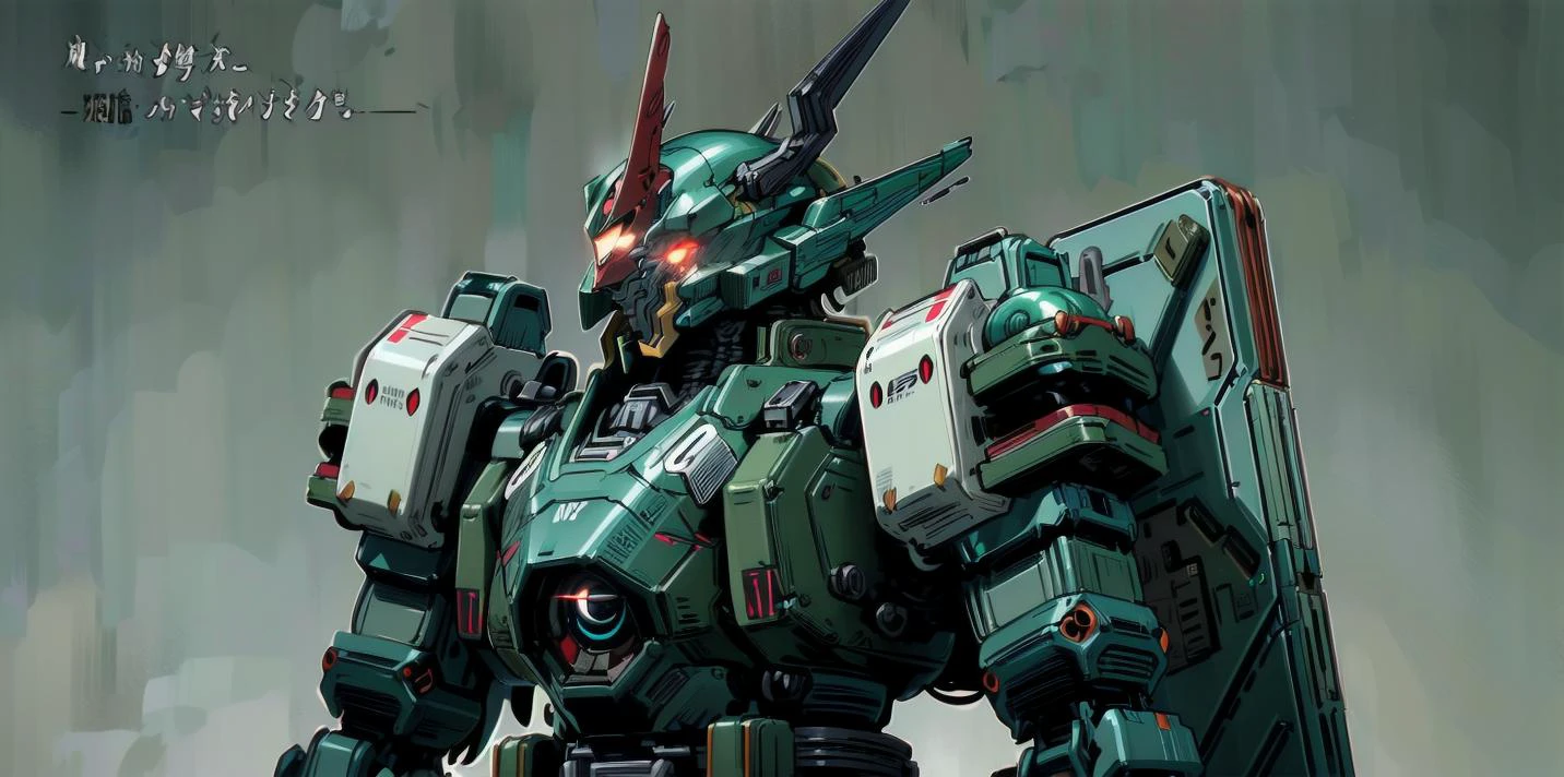 ((masterpiece)), heavy mech with massive and strong design, red glowing eye, highly detailed, heroic parts, military parts, dynamic pose, highly detailed, full armor, v-fin, <lora:add_detail:0.5>, weathered, dark green, <lora:animemix_v3_offset:1.0>, simple background, <lora:kilprt(0.3)_without_noise:1.0> <lora:MenacingJojo:1.0>, MenacingJojo, text,