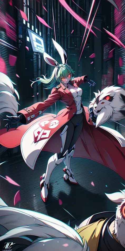 solo, 1girl, (white long fluffy bunny ears.1.5), green hair, <lyco:GoodHands-beta2:1.0>, <lyco:image_compositionLoCon:1.0>,black military uniform, jacket, jet black skirt, red tie, oversized mechanical gauntlets, claws on fingers, (red glowing eyes:1.5), violence, <lyco:Robotaction:0.2>, debris, motion lines, speed lines, <lora:urbantechwear:0.35>, techwear, outfit, mechanical limbs, exciting camera angle, MenacingJojo, text, <lora:MenacingJojo:1>, red eyes, full armor, power armor, mecha, gundam, (PALE SKIN:1.25), <lora:add_detail:0.35>, nice hands, perfect hands, military jacket, overcoat