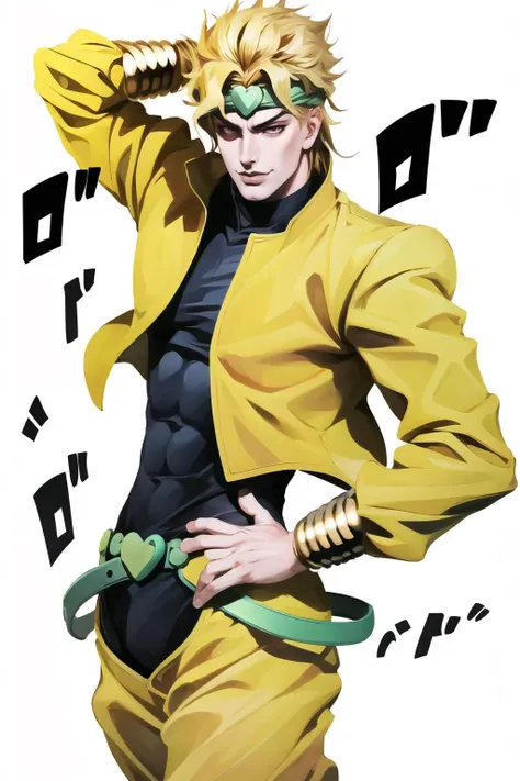 Highly detailed, High Quality, Masterpiece, beautiful, MenacingJojo, text, <lora:MenacingJojo:0.7>, 1boy, solo, cowboy shot, pose, dio, jacket, pants, headband, <lora:Char_Sigmas_Dio:0.9>