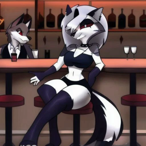 loona, hellhound, loonacroptop, lying, on bed,, <lora:BGV5EX:1>, loonashorts, minigts, (thick arms, thick thighs, thick hips, (sitting on floor)), (in bar:1.2), (frowning face:1.2), (energetic eyes:1.2), (huge breasts),(full body portrait),(group:1.2), (people in background:1.2),