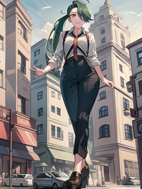 beautiful, masterpiece, best quality, extremely detailed face, perfect lighting, 1girl, solo, <lora:PokeRika:0.7>, hair over one eye, ponytail, collared shirt, eyelashes, pants, suspenders, necktie, earrings, BREAK
surprised, embarrassed, open mouth, distant view, zoomed out, ((full body)),<lora:add_detail:0.1> , RAW photo, (masterpiece), best quality, extremely detailed, delicate and beautiful, photorealistic illustration, one (macrogts:1.2|mesogts:1.2) (woman), (solo), (macro giantess), giant, giantess, beautiful eyes, sharp, (looking at viewer), dynamic light,(full body portrait), outside, (walking between apartment buildings at sunset), (hand on building), (hands on buildings), looking over building, looming, ((walking beside cars)), (((cars))), buses, vans, door, window, table, chair, tiny people in background, skyscrapers in background, brownstone buildings, street, streetlight, traffic light, sidewalk, empty pizza boxes, 8k uhd, dslr, soft lighting, high quality, film grain, (smile512),<lora:minigts_v3_lycoris:0.7>
,