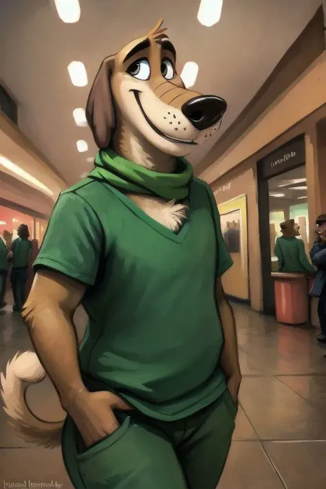 (by kenket), by braeburned, high quality, uploaded on e621, male, anthro, (dukey), scarf, soft lighting, (detailed eyes), detailed face, (interior), in public, mall food court, closed grin, black pupils, detailed background, pleased, blushing, bedroom eyes, looking at viewer, detailed, dominant, full body, green scrubs, (thick thighs:1.2), (chubby),