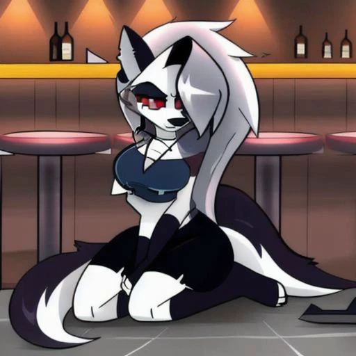 loona, hellhound, loonacroptop, lying, on bed,, <lora:BGV5EX:1>, loonashorts, minigts, (thick arms, thick thighs, thick hips, (sitting on floor)), (in bar:1.2), (frowning face:1.2), (energetic eyes:1.2), (huge breasts),(full body portrait),(group:1.2), (people in background:1.2),